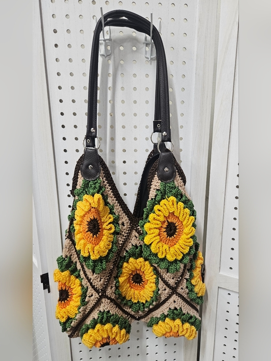 Handmade Handbags - Crochet Sunflower 3D Shoulder Bag - Yellow, Green, Brown Boho
